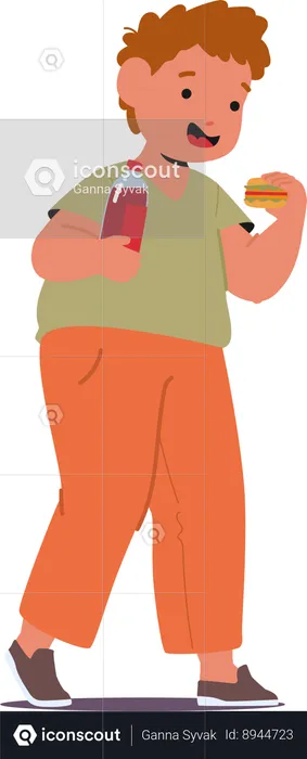 Fat boy eats burger and drinks cola  Illustration
