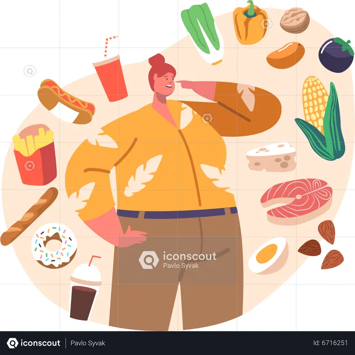 Fat girl choose between healthy or unhealthy food  Illustration