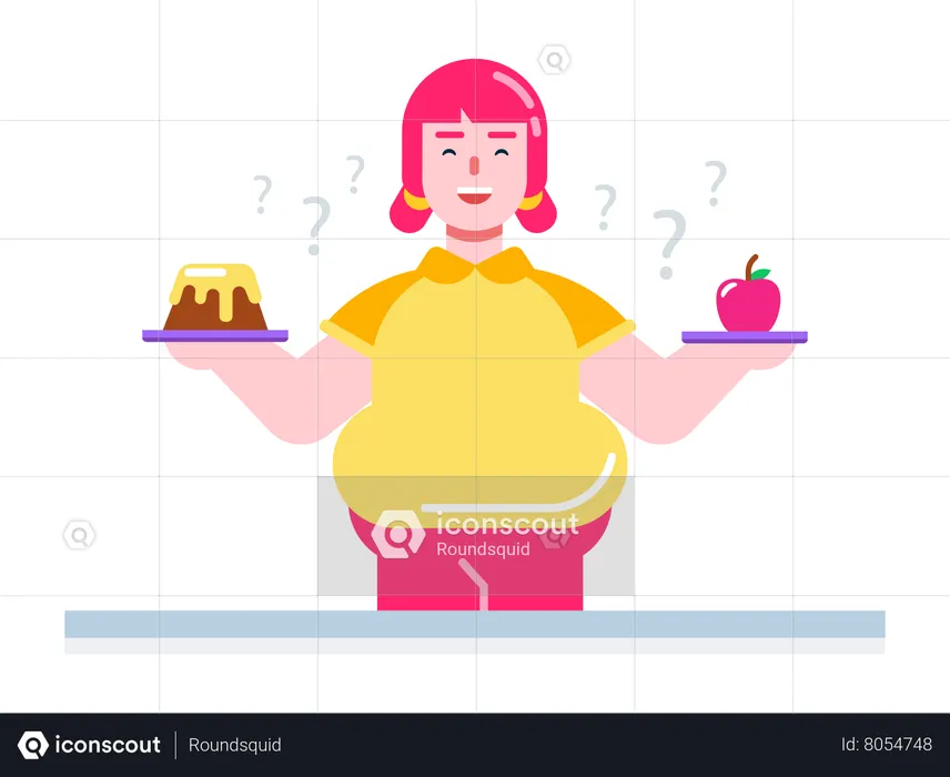 Fat girl is confused either to eat apple or cake  Illustration