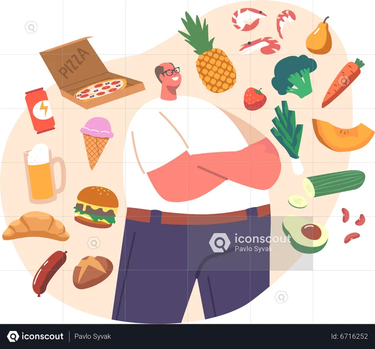 Fat man choose between healthy or unhealthy food  Illustration