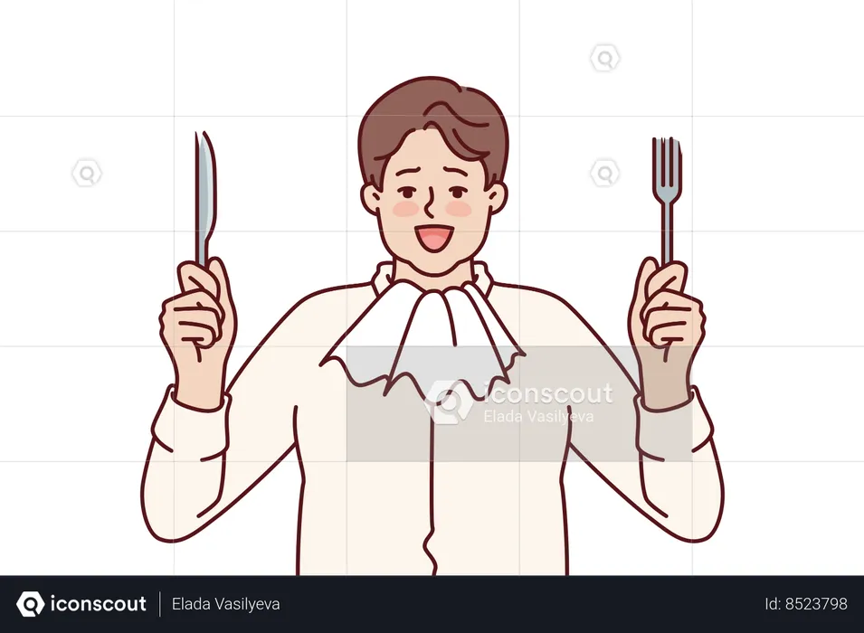 Fat man holds fork and knife  Illustration
