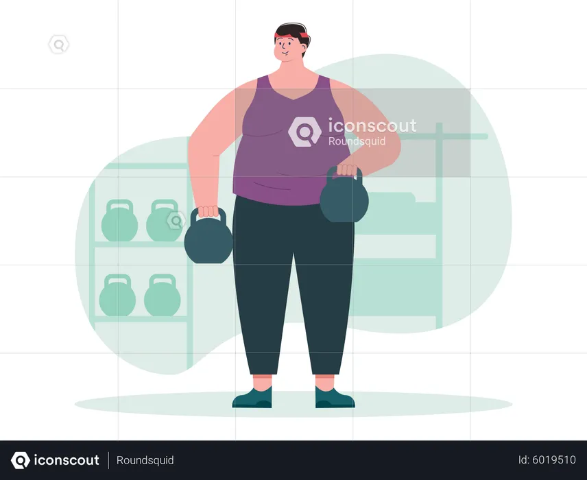 Fat man lifting kettlebell  Illustration