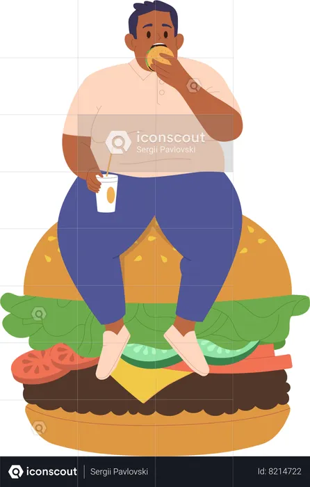 Fat man sitting on huge burger and eating unhealthy fast food  Illustration