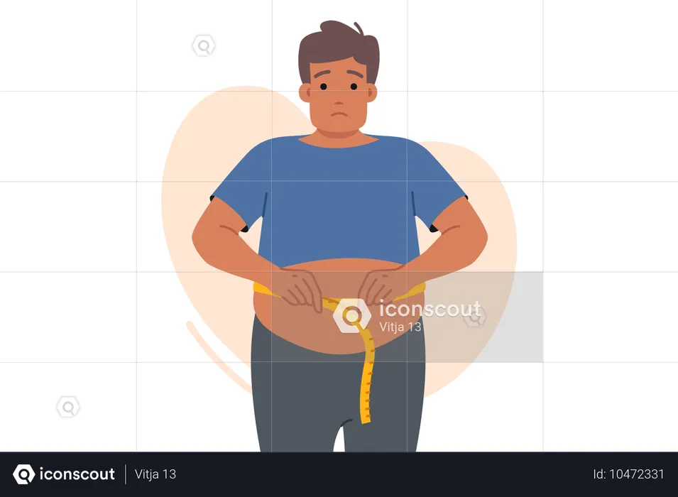 Fat man suffering from obesity measures waist and sadly looks at screen  Illustration