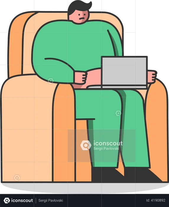 Fat man with laptop sitting in armchair  Illustration