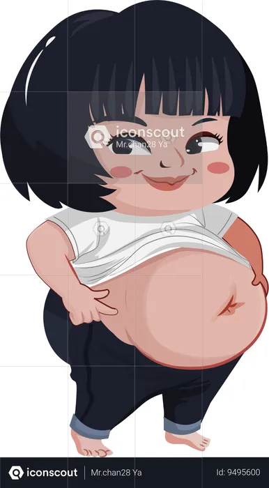 Fat woman holding stomach, beauty healthcare  Illustration