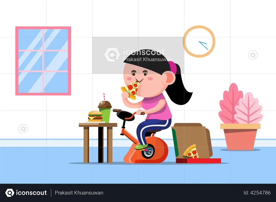 Fat woman riding a mock bike to exercise to lose weight  Illustration