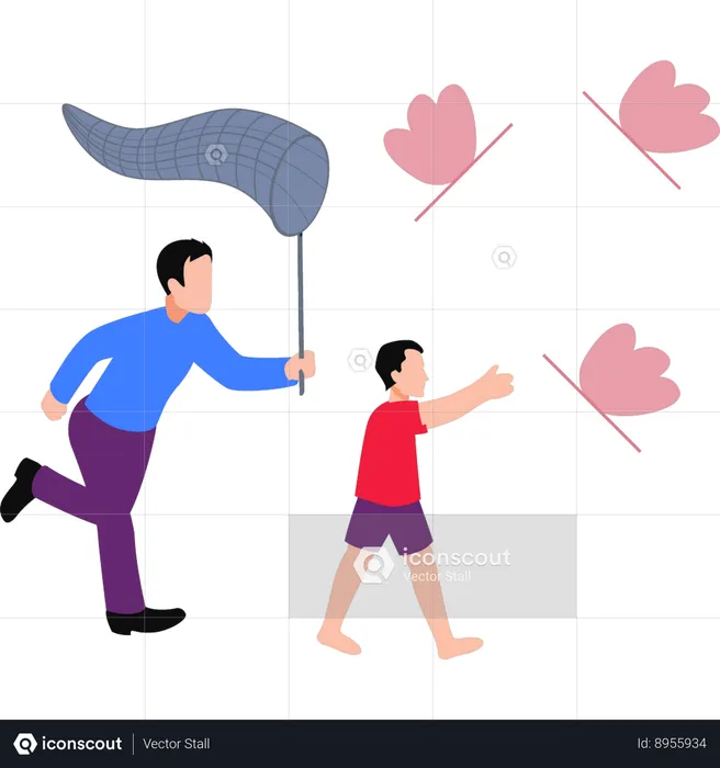 Father And Child Catching Butterflies With Net  Illustration