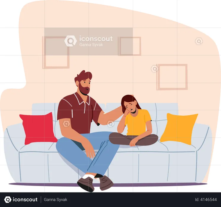 Father and Crying Daughter Sitting on Sofa in Room  Illustration