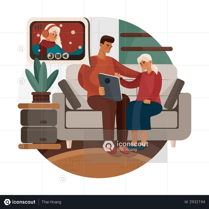 Father and daughter chatting on video call  Illustration