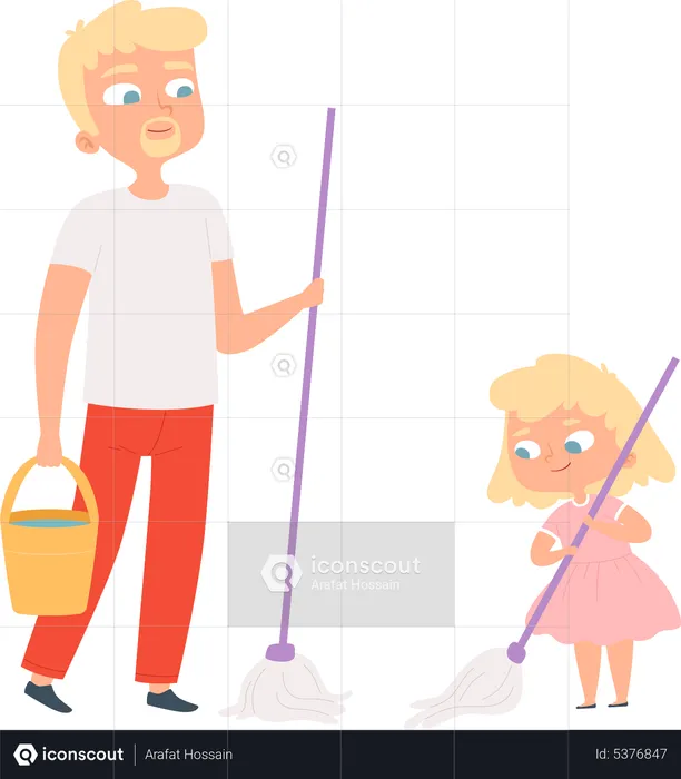 Father and daughter cleaning floor together  Illustration