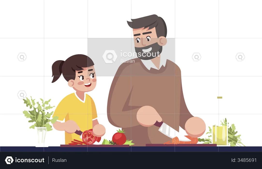 Father And Daughter Cooking Together  Illustration