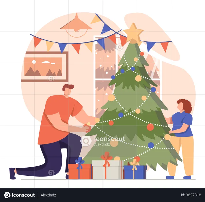 Father And Daughter Decorating Christmas Tree  Illustration