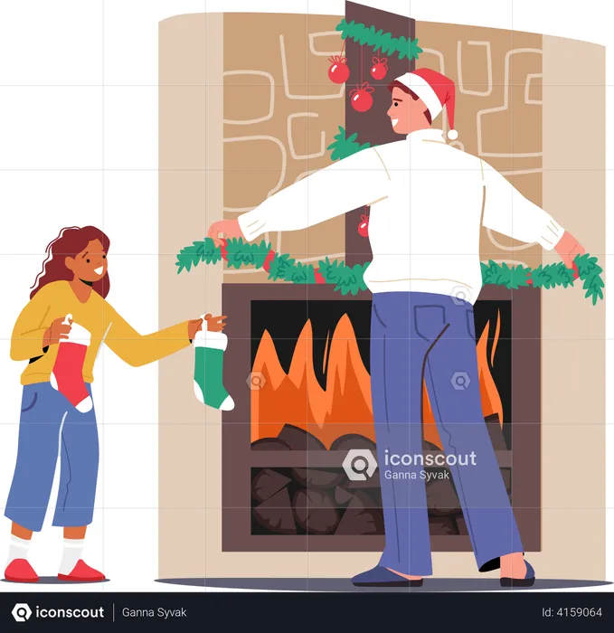 Father and daughter decorating home  Illustration