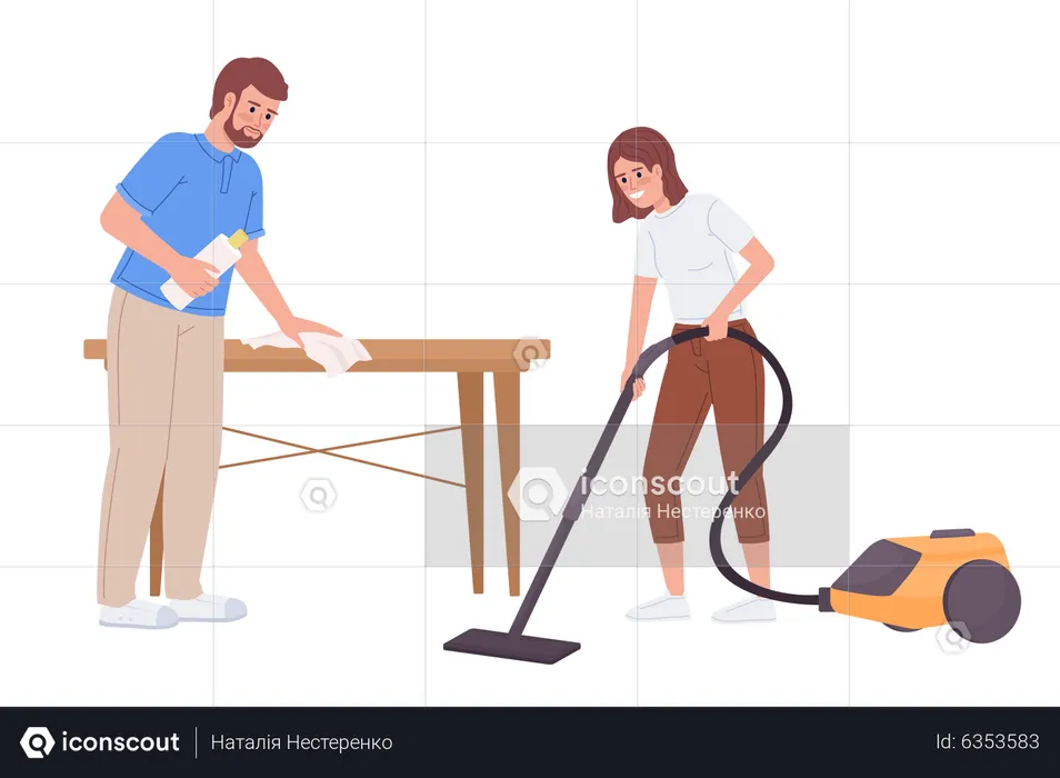 Father and daughter doing housework together  Illustration