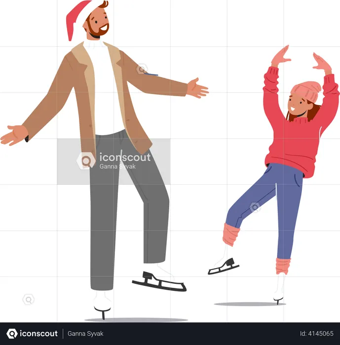 Father and daughter doing ice skating  Illustration