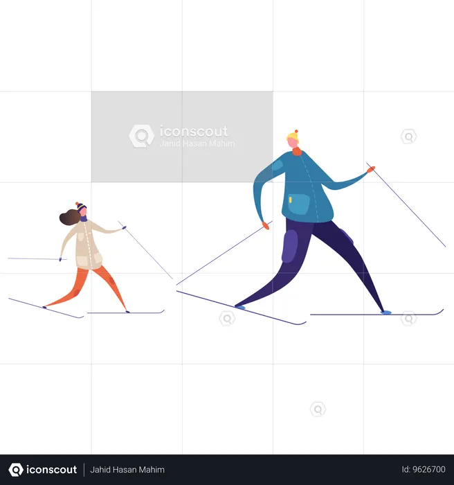 Father and daughter doing ice skiing  Illustration