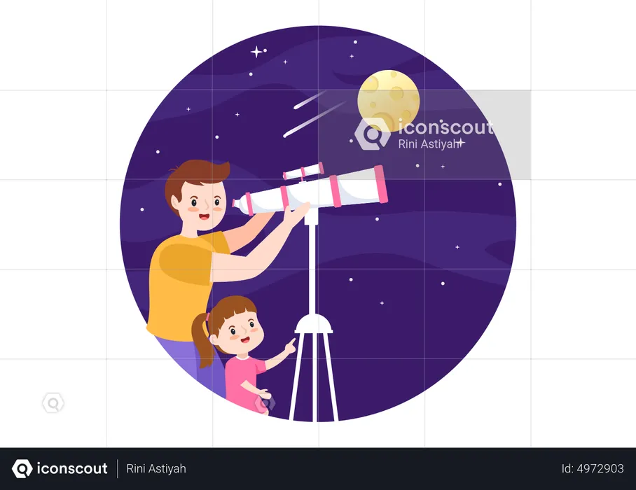 Father And Daughter Exploring Space  Illustration