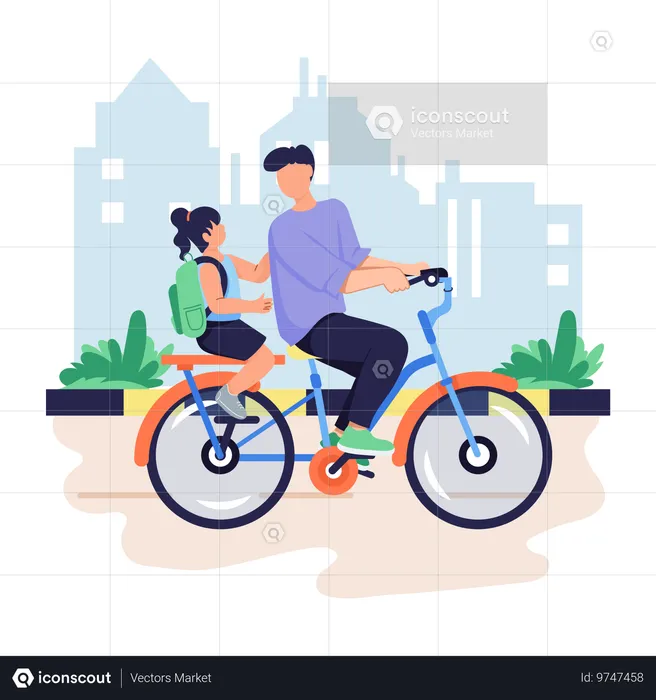 父と娘が自転車に乗る  イラスト