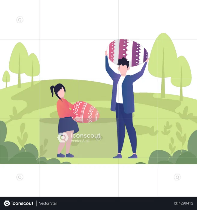 Father and daughter holding Easter eggs  Illustration