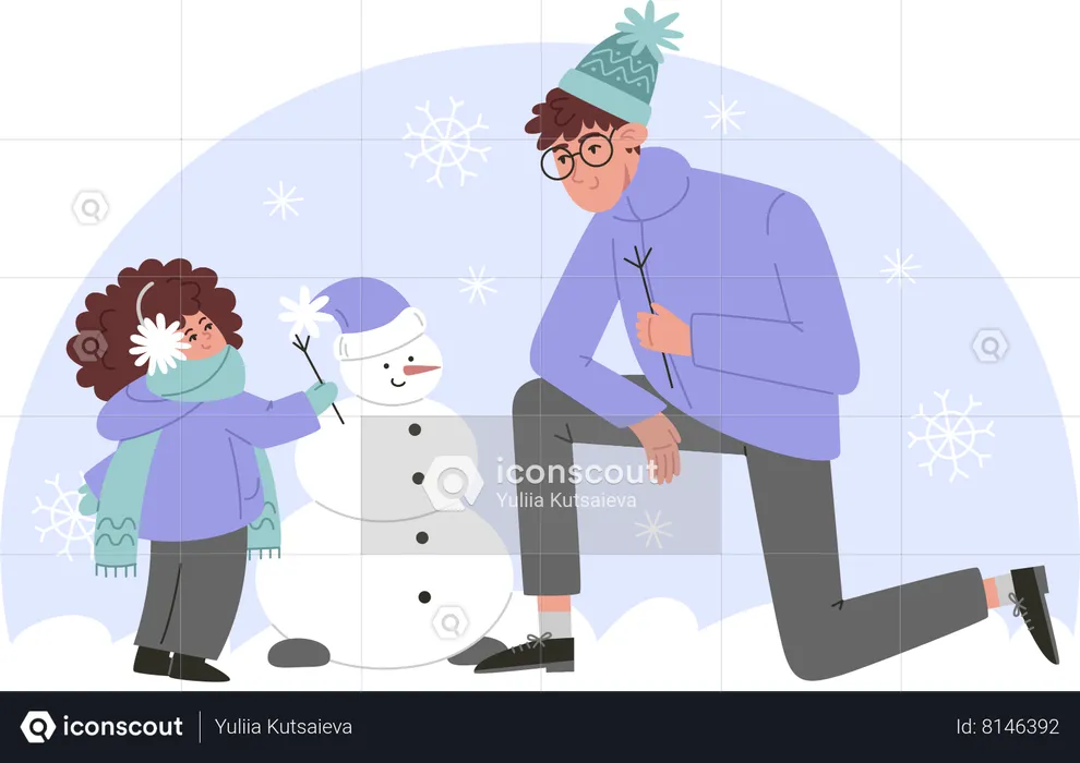Father and daughter making snowman  Illustration