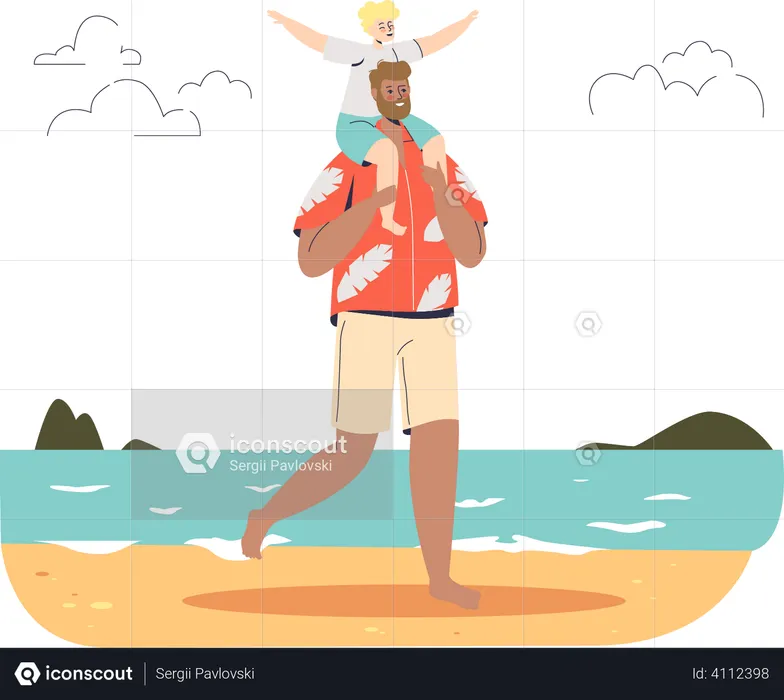 Father and daughter on beach Illustration