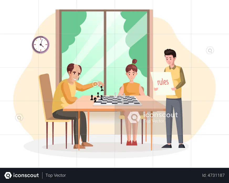 Father and daughter playing chess  Illustration