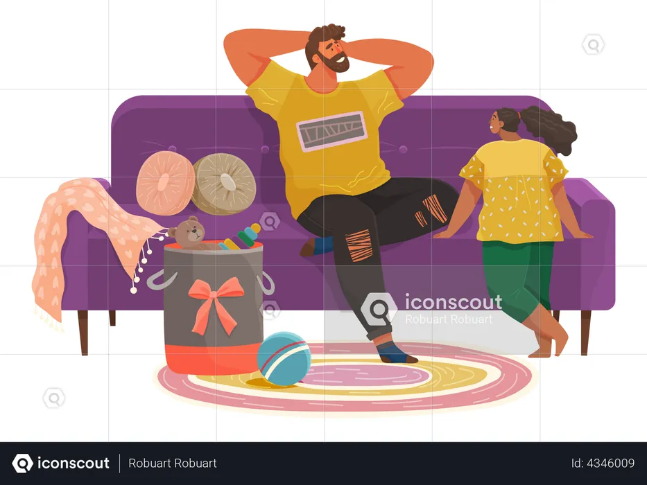 Father and daughter playing together while sitting on couch  Illustration