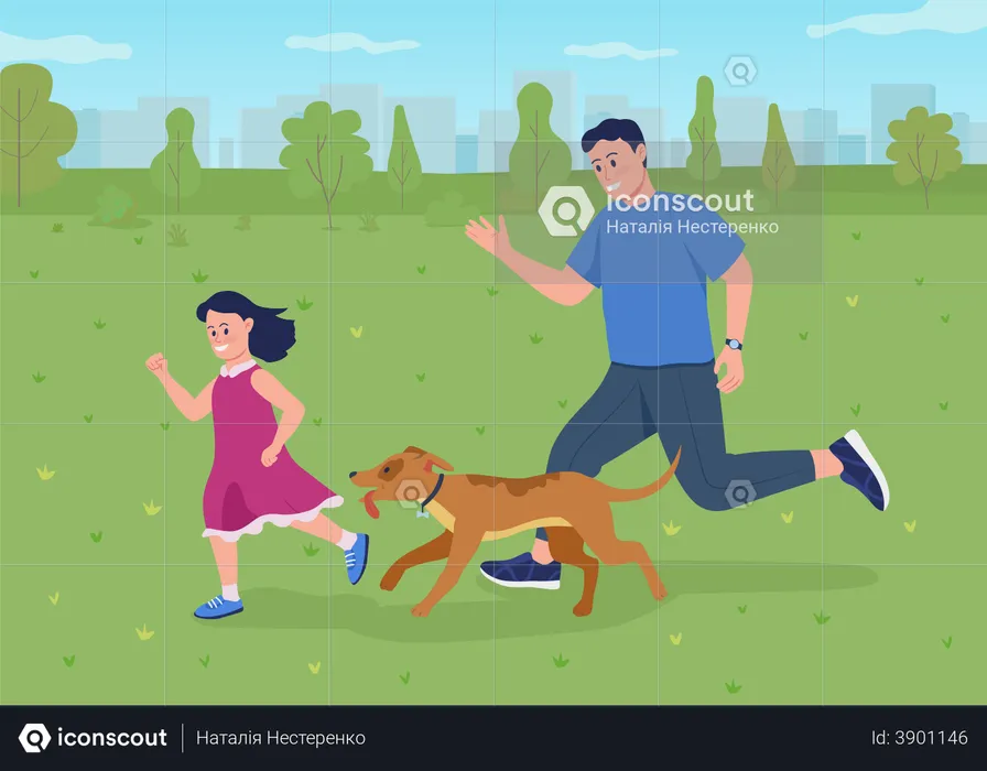 Father and daughter playing with pet dog  Illustration