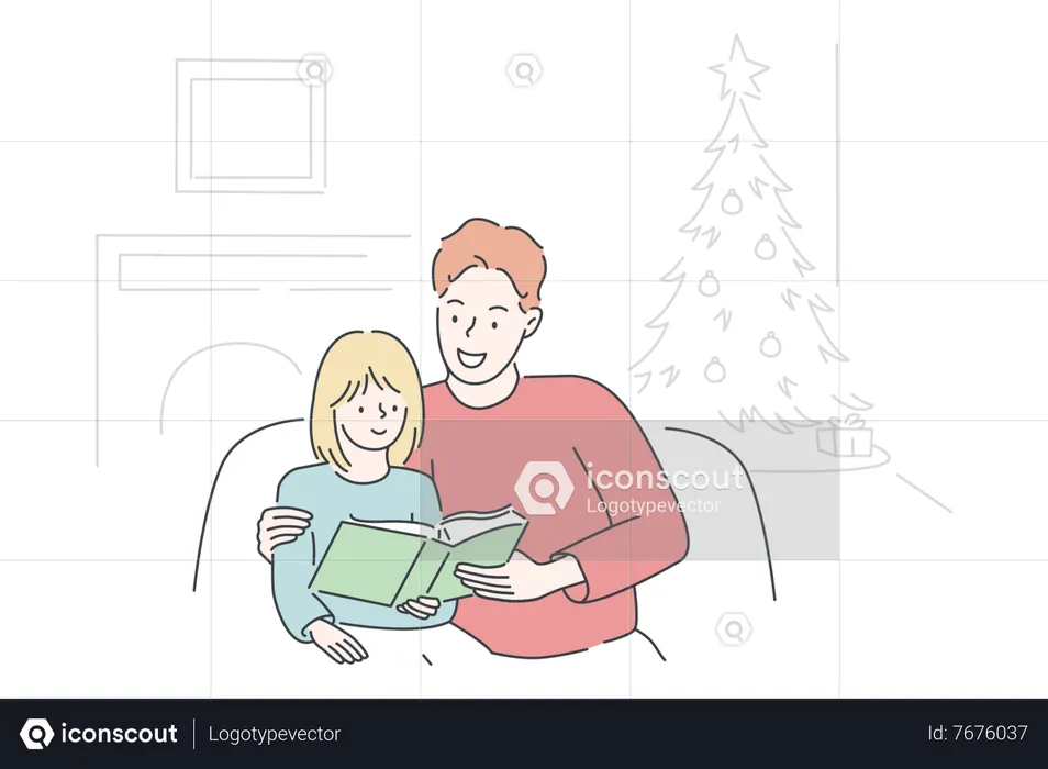 Father and daughter reading book  Illustration