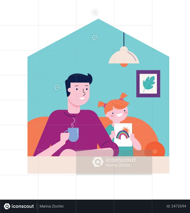 Father and daughter sitting on couch  Illustration