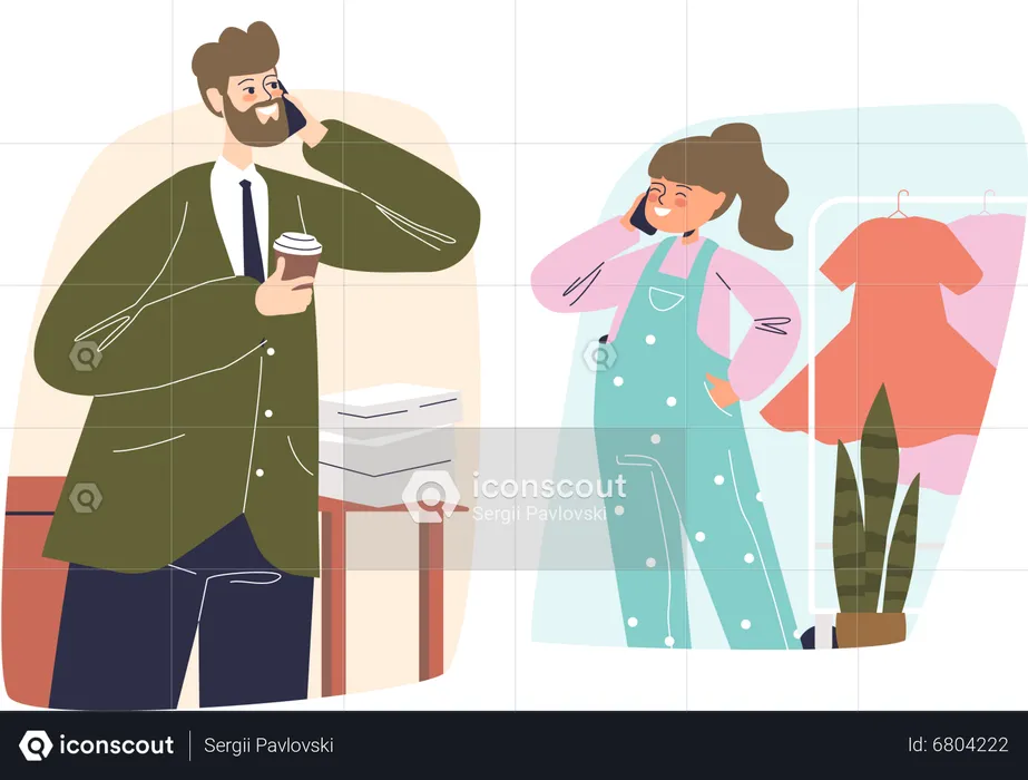 Father and daughter talk on mobile phone  Illustration