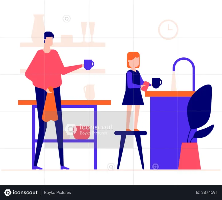 Father and daughter washing dishes  Illustration