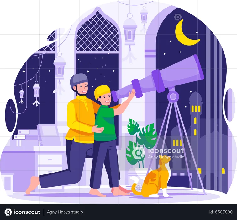 Father and his son are looking at the sky with a telescope for the new moon  Illustration