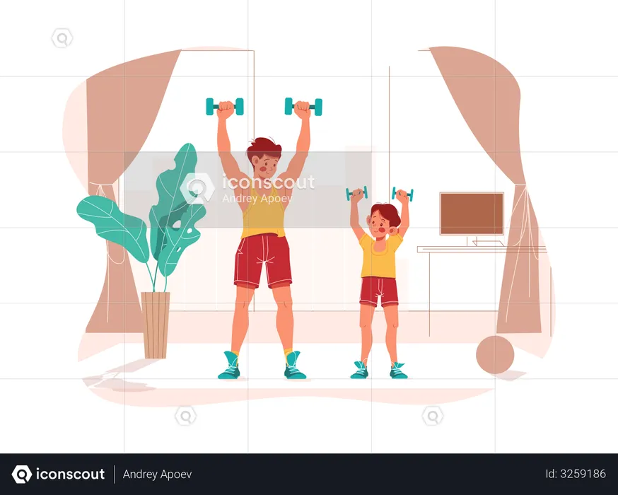 Father and his son do exercise together  Illustration