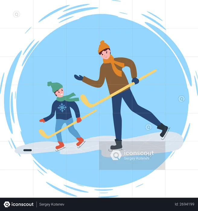 Father and his son playing ice hockey  Illustration