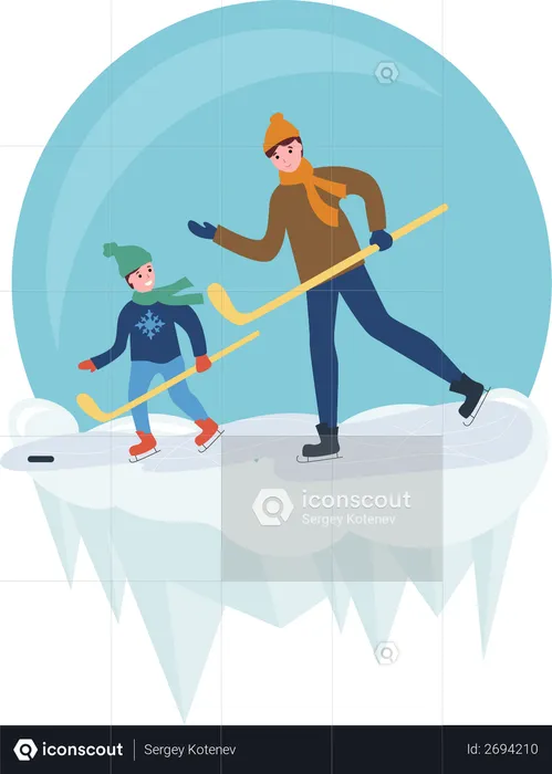 Father and his son playing ice hockey  Illustration