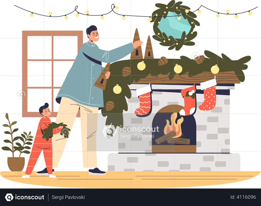 Father and kid decorating fireplace for christmas  Illustration