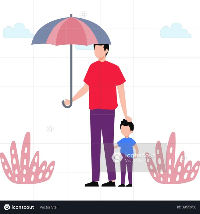 Father And Kid Standing Under Umbrella  Illustration