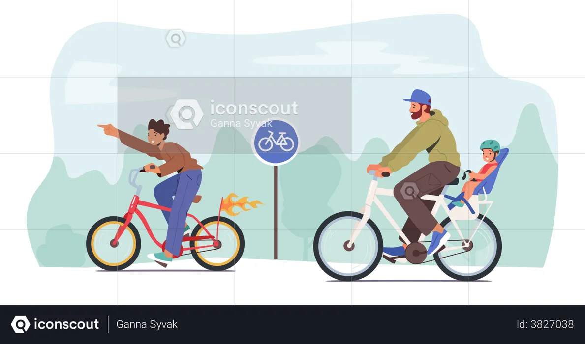Father And Little Child Riding Bicycle  Illustration