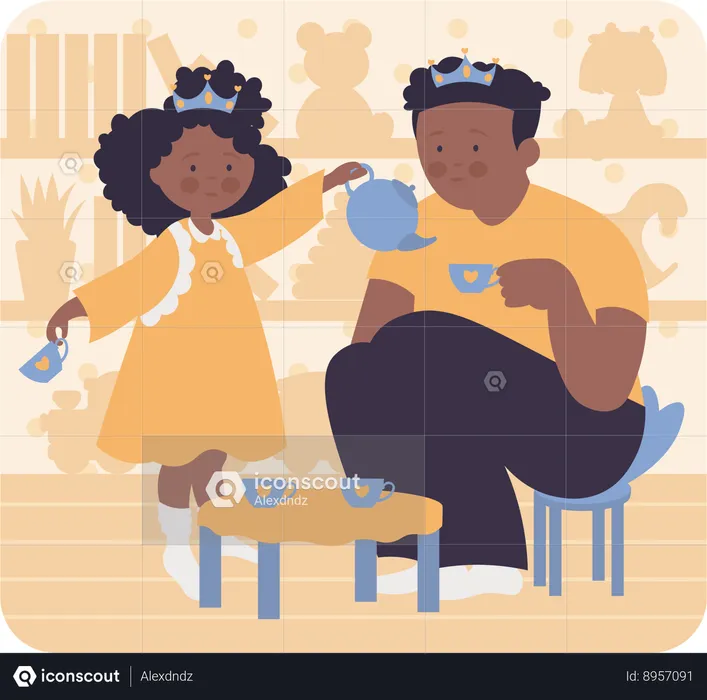 Father and little girl enjoying tea  Illustration