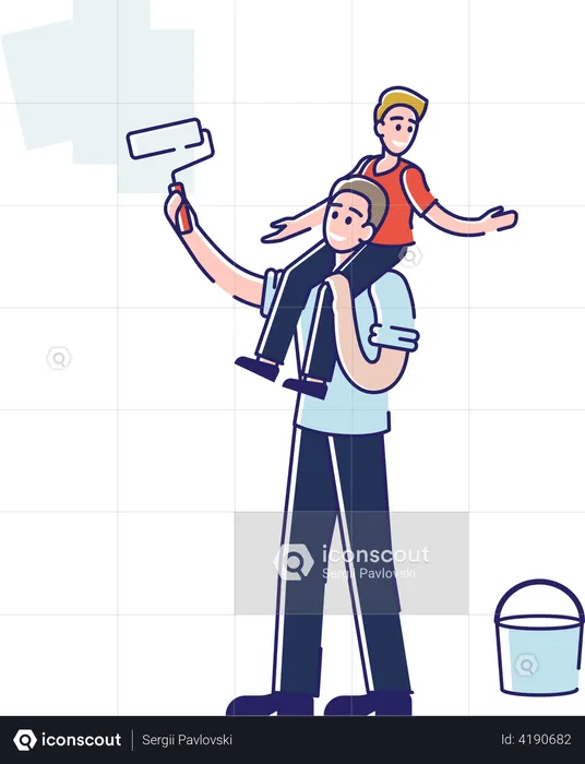 Father and Little Son Sitting on Shoulders Coloring Wall with Paint Roller  Illustration