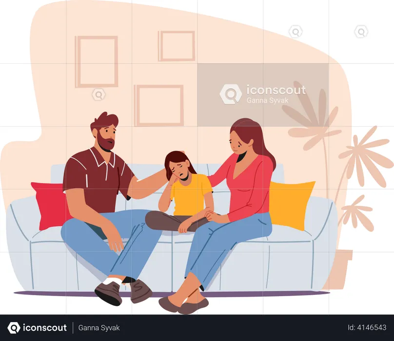 Father and Mother Comforting Upset Kid  Illustration