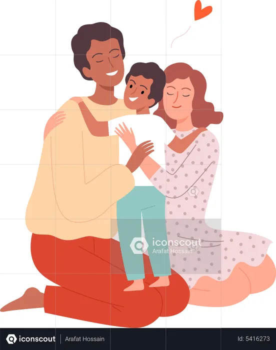 Father and mother hugging kid  Illustration
