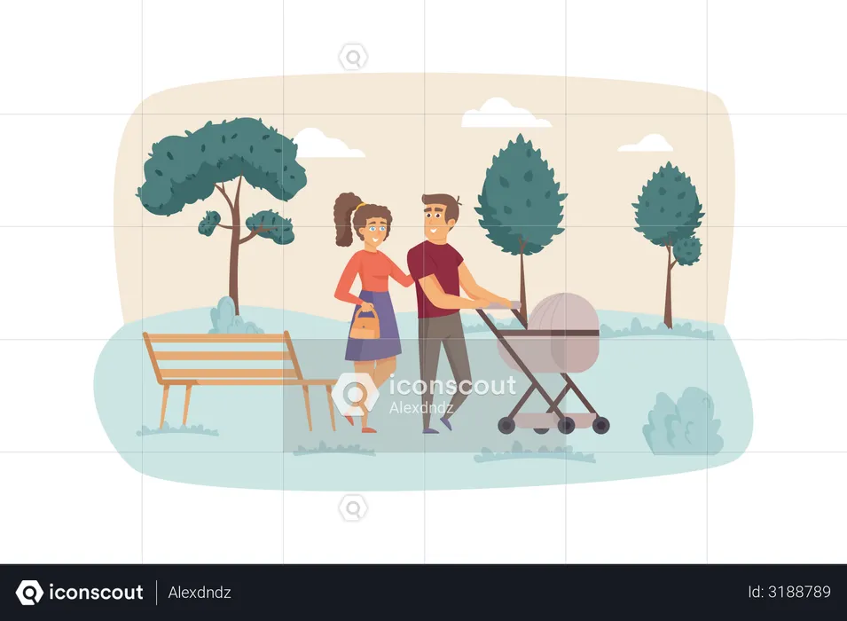Father and mother with baby in stroller walk in park  Illustration