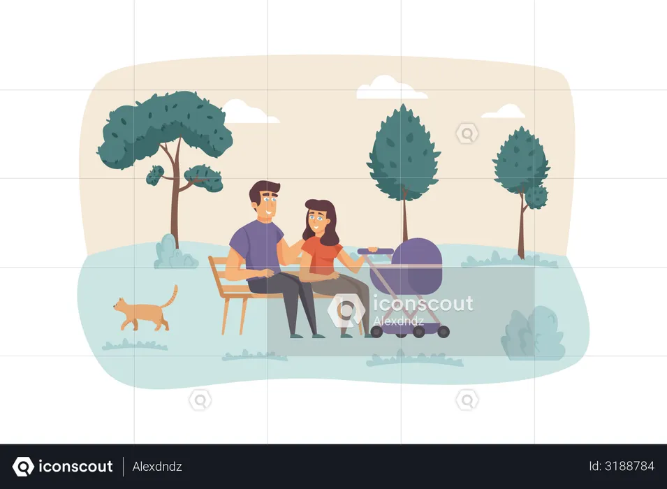 Father and mother with kid in stroller  Illustration