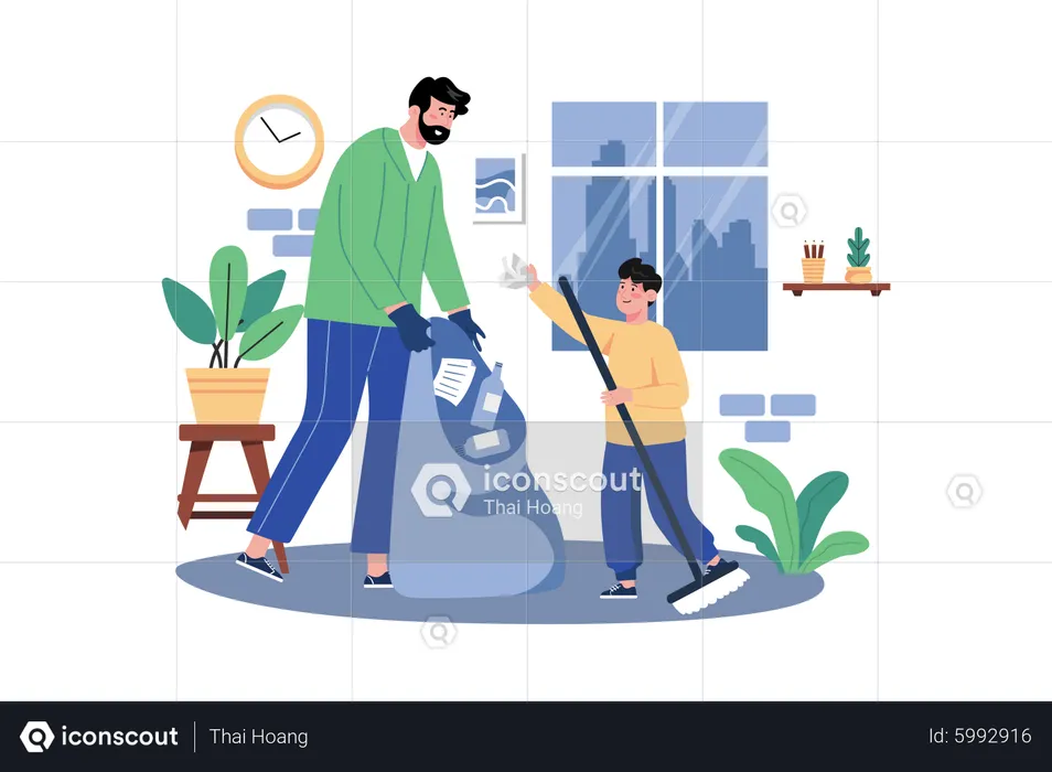 Father And Son Are Collecting Garbage At Home  Illustration