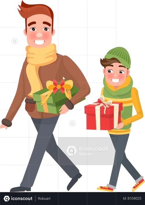 Father and son are happy doing Christmas shopping  Illustration