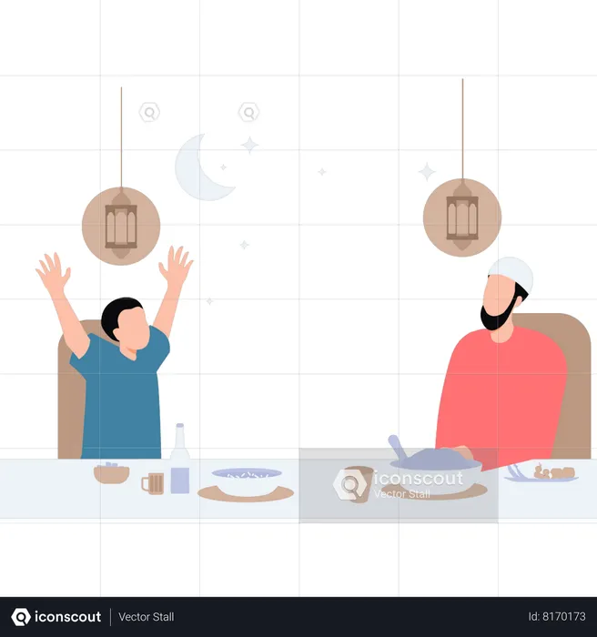 Father and son are sitting at the dining table  Illustration