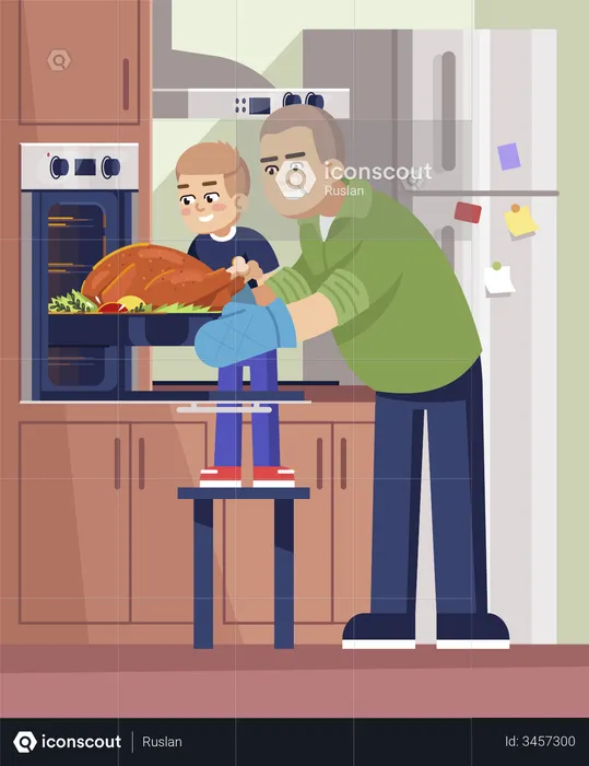 Father and son baking meat in oven  Illustration